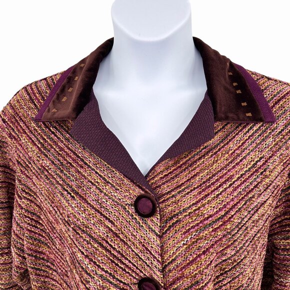 VINTAGE K.d. SPRING MULTICOLOR TEXTURED PURPLE BURGUNDY BUTTON CARDIGAN SWEATER - Picture 2 of 5